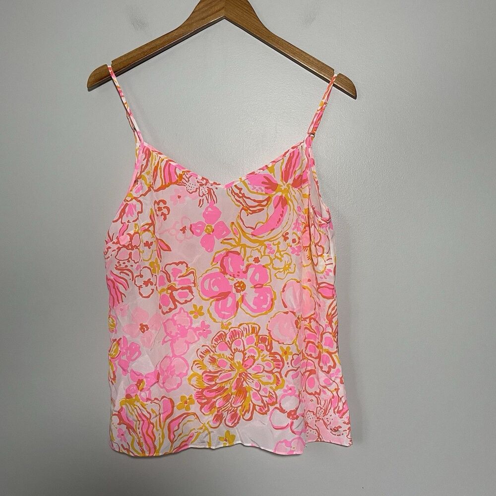Lilly Pulitzer Zoe 100% Silk Tank Top Floral Print Pink Orange Size Medium